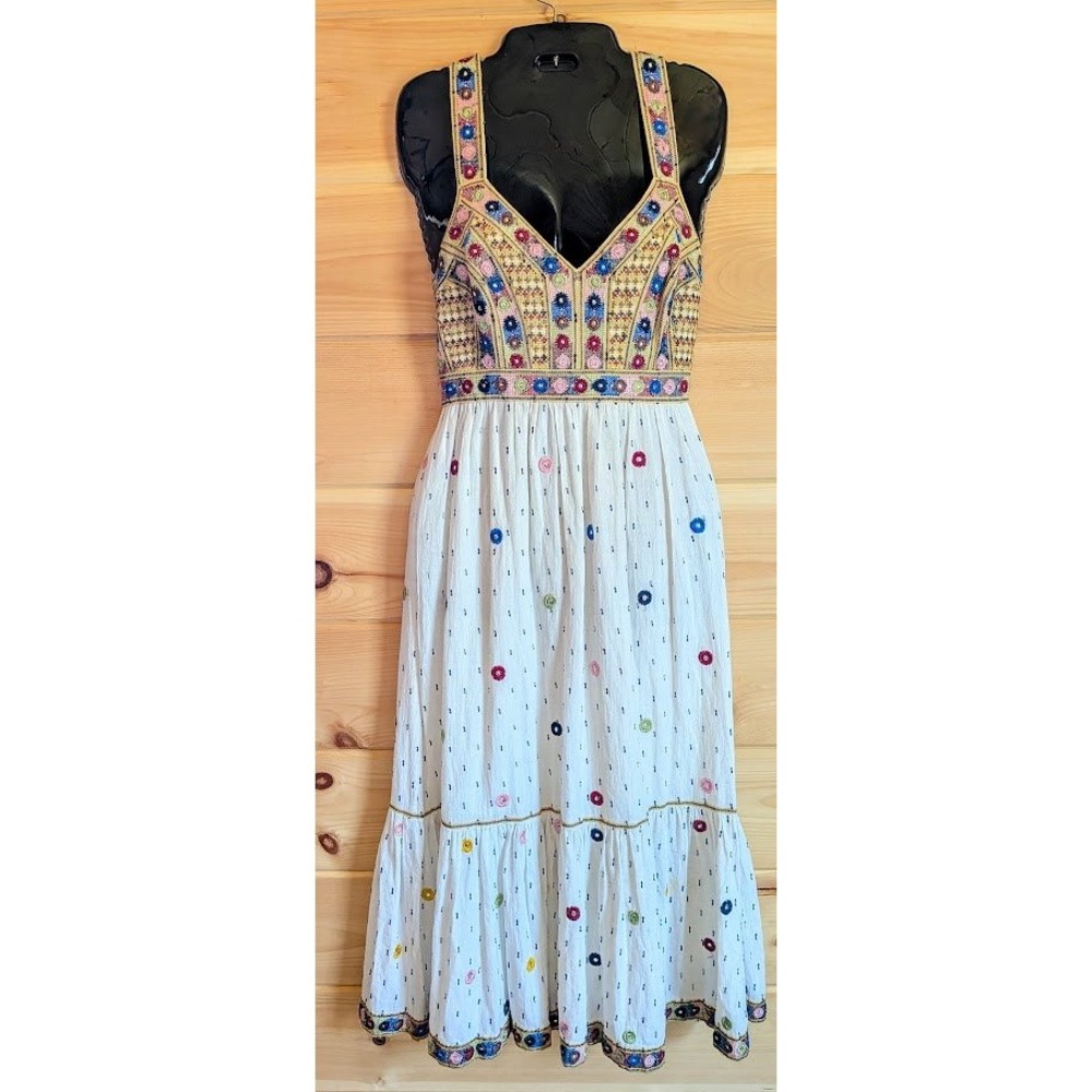Anthropologie Midi Dress 2 Boho Embroidered Mirror Tapestry Festival Tiered